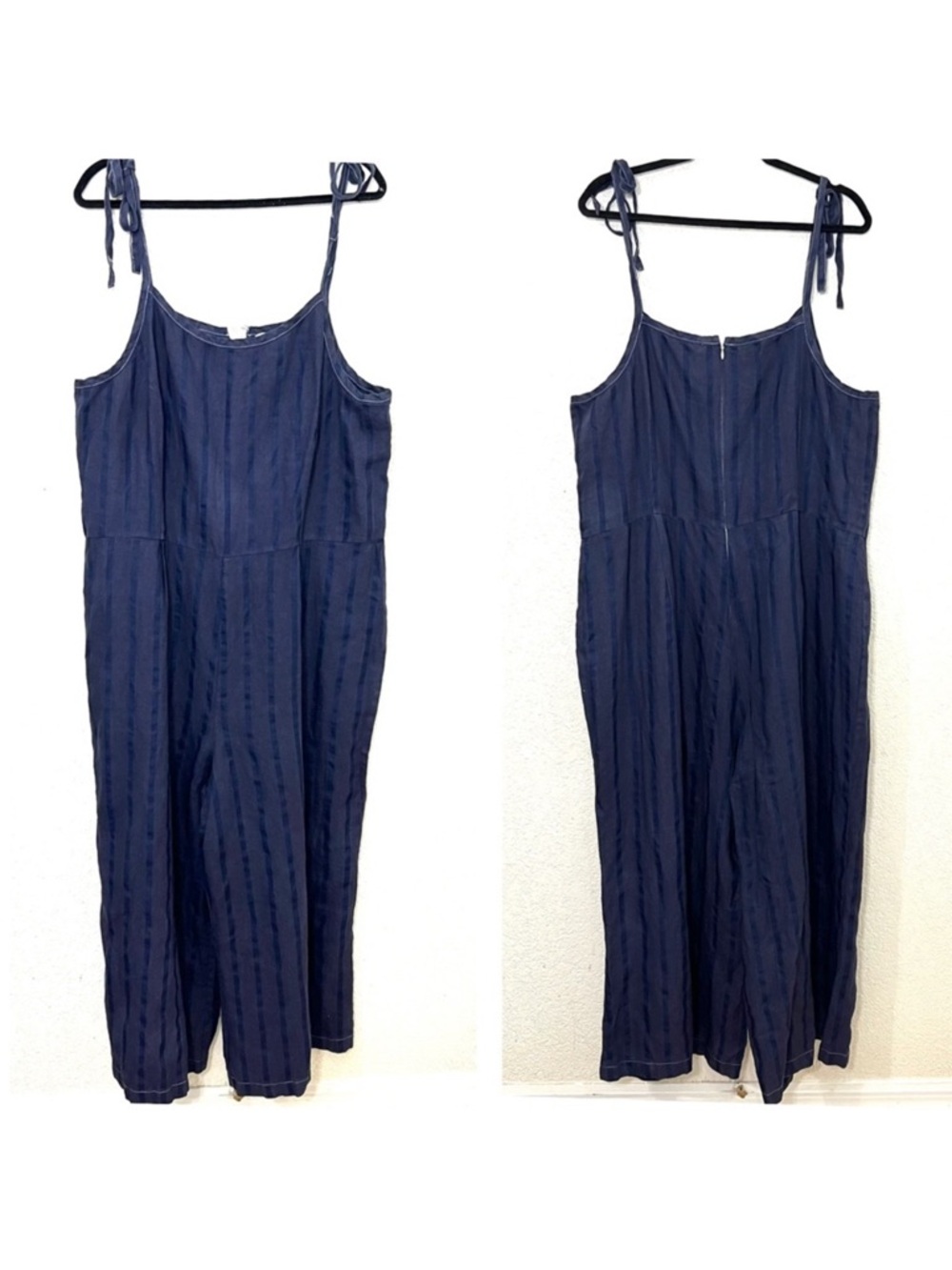 J. Peterman Linen Jumpsuit Wide Leg Shoulder Tie Straps Navy Blue Striped XL